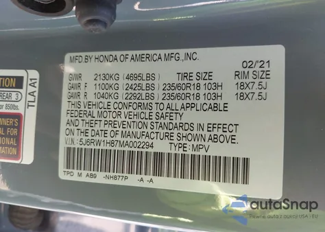 2021 Honda Cr-V Exl z USA, uszkodzony, nr VIN 5J6RW1H87MA002294